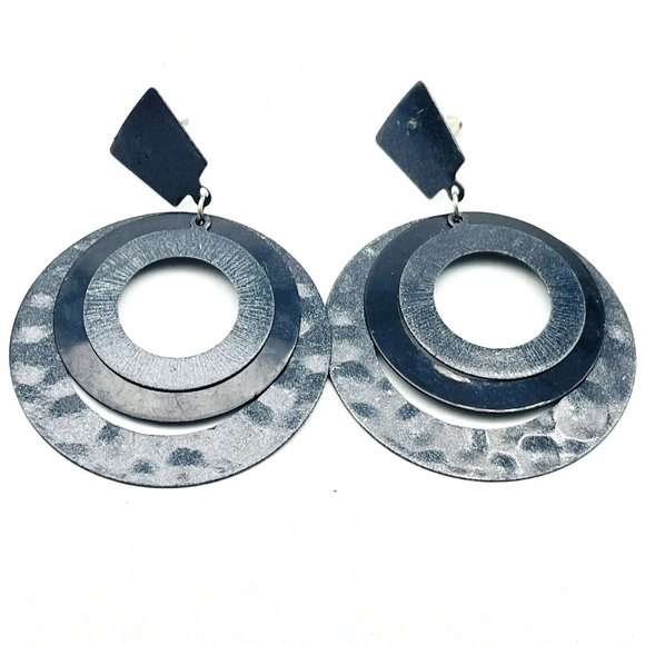 Triple Hoop Dangle Earrings Pierced Textured Black Classic Modernist Cosplay - Picture 1 of 8